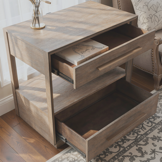 Sunvega Modern Two-Drawer Nightstand with Open Shelf in Warm Taupe Oak