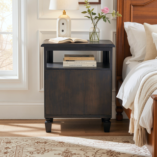 Sunvega Rustic Acacia Wood Nightstand with Cane Webbing and Storage Space