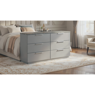 Sunvega White Lacquer Dresser with Six Smooth-Glide Drawers and Marble Accents