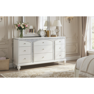 Sunvega Platinum Finish Dresser with Nine Spacious Drawers and Crystal Knobs