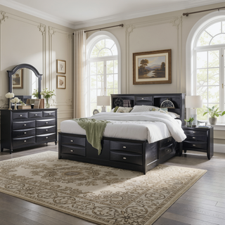 Sunvega Lucille Black Nightstand with Spacious Drawers and Chambered Fronts