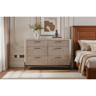 Sunvega Taupe 6 Drawer Dresser with Reeded Fronts and Metal Accent Base