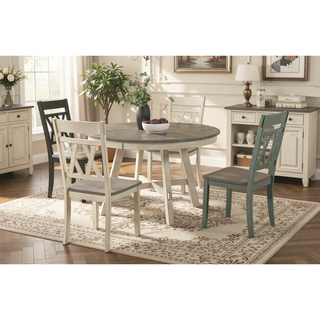 Sunvega Modern Farmhouse Round Dining Table with Greywash and Antique White Finish