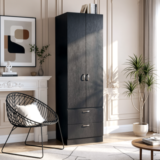 Sunvega 76 Inch High Armoire Wardrobe with 2 Drawers Double Door and Hanging Rod