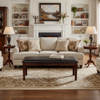 Sunvega Cherry Finish Wood Frame Bench with Dark Brown Faux Leather Upholstered Seat