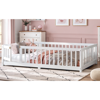 Sunvega Twin Size Floor Bed with Safety Guardrails and Door for Kids in Natural