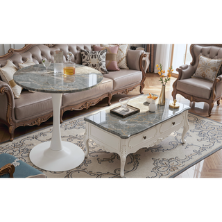 Sunvega Round White Pedestal Side Table with Marble Effect Top for Living Room
