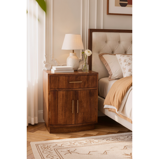 Sunvega Solid Wood Curved Ribbed Bedside Table with Drawer in Amber Oak Finish