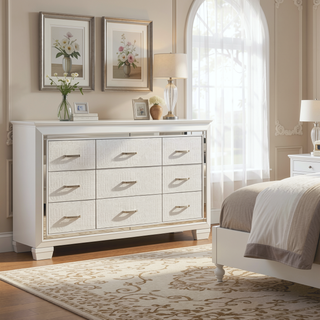 Sunvega Silver Faux Alligator Embossed Nightstand with 2 Dovetail Drawers and LED Lighting
