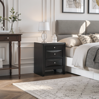 Sunvega Elegant Black Nightstand With Three Drawers for Bedroom Storage