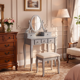 Sunvega Adjustable Oval Wooden Frame Vanity Table with Mirror and Stool