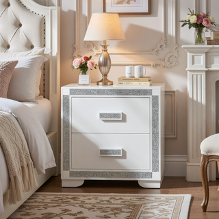 Sunvega White Nightstand with Integrated Speaker Cooler Insert and Glitter Detailing