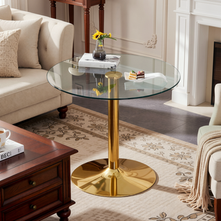 Sunvega 35 Inch Round Tempered Glass Dining Table with Silver Metal Legs