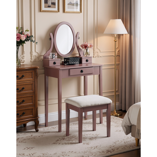 Sunvega Pink Wood Makeup Vanity Table and Stool Set with Mirror and Storage Drawers