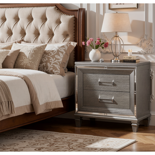 Sunvega White Silver Finish Nightstand with 2 Dovetail Drawers and Acrylic Bar Pulls
