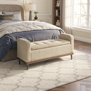 Sunvega Solid Wood Walnut Finish Tufted Dark Gray Upholstered Storage Bench with Lift Top