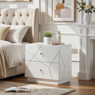 Sunvega Ultra Modern White Finish Nightstand with 2 Drawers and Embossed Lines Design