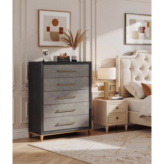 Sunvega Contemporary Dark Wood Nightstand with Brushed Gold Hardware and Tapered Legs
