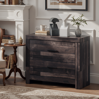 Sunvega Contemporary Dark Oak Finish Wooden Nightstand with Two Drawers Plank Pattern