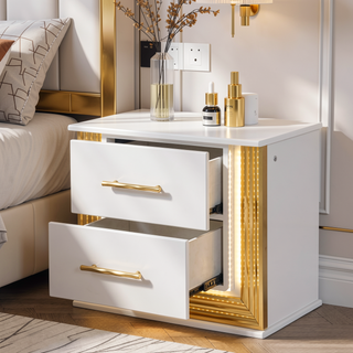 Sunvega Contemporary Gold Finish Nightstand with Two Drawers and LED Lights