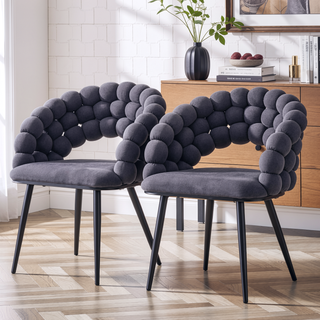 Sunvega Set of 2 Gray Velvet Dining Chairs with Black Metal Legs and Tufted Backrest