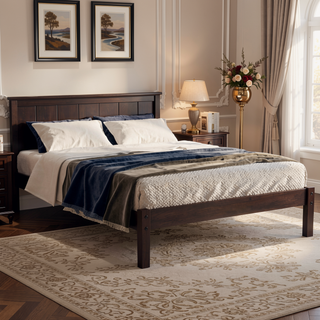 Sunvega Sturdy Wood Platform Bed Frame with Headboard for Queen Size Oak Finish