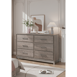 Sunvega Contemporary Gray Oak Finish Dresser with Six Drawers and Metal Hand Pull