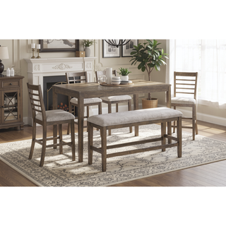 Sunvega Light Brown Finish Wooden Counter Height Dining Table Set with Bench