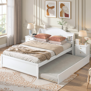 Sunvega White Twin Trundle Bed with Storage Headboard and Bookcase