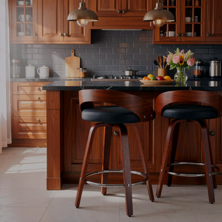 Sunvega Mid-Century Modern Swivel Bar Stools with Soft Cushion Seat and Walnut Finish