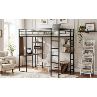 Sunvega Twin Metal Loft Bed with 2 Shelves and Desk for Study and Storage