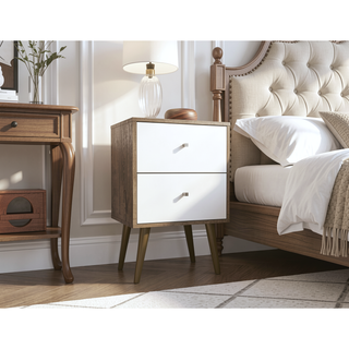 Sunvega Modern White and Brown Nightstand with 2 Drawers for Bedroom