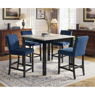 Sunvega Contemporary White Faux Marble Dining Table with 4 Blue Velvet Chairs