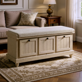 Sunvega Antique White Solid Wood Bench with Lift Top Storage and Cushioned Seat