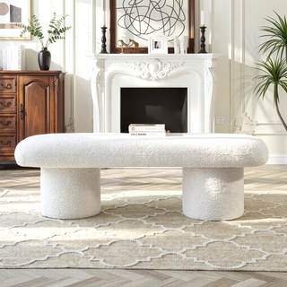 Sunvega Randolph Ivory Boucle Upholstered Bench with Sturdy Wood Frame
