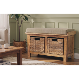 Sunvega Solid Mango Wood Linen Bench with 2 Removable Rattan Storage Baskets