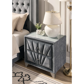 Sunvega Transitional Gray Upholstered Nightstand with Glass Top and Crystal Knobs