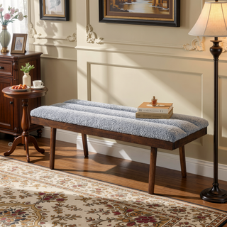 Sunvega Light Grey Teddy Boucle Upholstered Bench with Solid Wood Frame