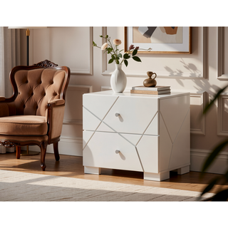 Sunvega Contemporary Nightstand with Geometric Accents and High-Gloss White Finish