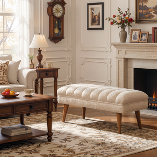 Sunvega Cream Boucle Puffer Bench with Curved Top and Nordic Legs for Living Room