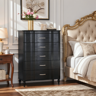 Sunvega Glam Modern Black Nightstand with Curved Front Panels and Turned Wood Leg