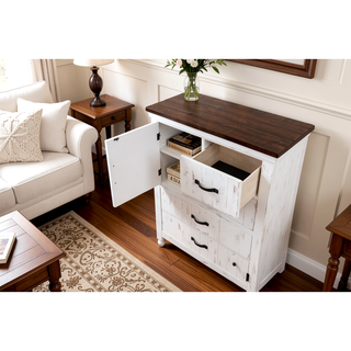 Sunvega Modern Transitional Chest with Metal Drawer Handles in Distressed White and Walnut Finish