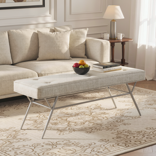 Sunvega Beige Tufted Upholstered Bench with Plush Cushioned Seat and Champagne Metal Legs