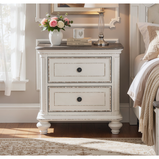 Sunvega Antique White and Brown-Gray Finish Nightstand with Black Knobs and Dovetail Drawers