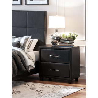 Sunvega Black Faux Leather Nightstand with Two Drawers and Silver Bar Pulls
