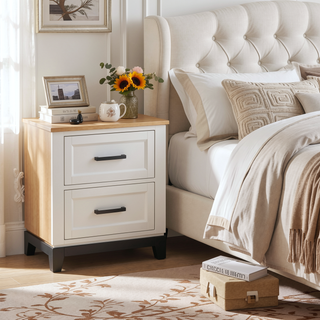 Sunvega White and Metallic Gray Nightstand with 2 Dovetail Drawers for Bedroom