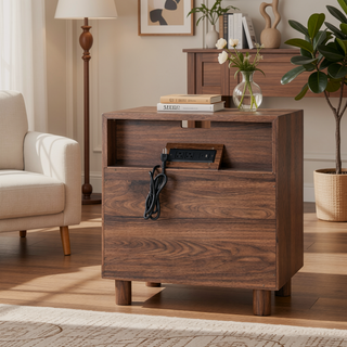 Sunvega Modern Nightstand with Charging Station, 2 Drawers and Curved Mirror Design for Bedroom
