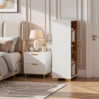 Sunvega Modern Art Deco White Five-Drawer Chest with Gold Hardware and Smooth Glide