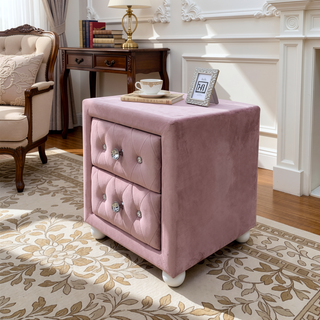 Sunvega Pink Fabric Upholstered Nightstand with Two Storage Drawers and Crystal Knobs