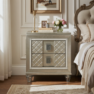 Sunvega Glamorous Champagne Finish Nightstand with 2 Dovetail Drawers and Beveled Mirror Trim